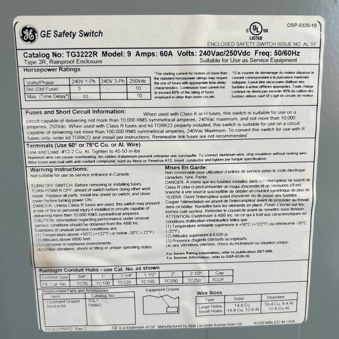 GE General Electric General Duty 60A 240VAC Metal Box Safety Switch Shutoff