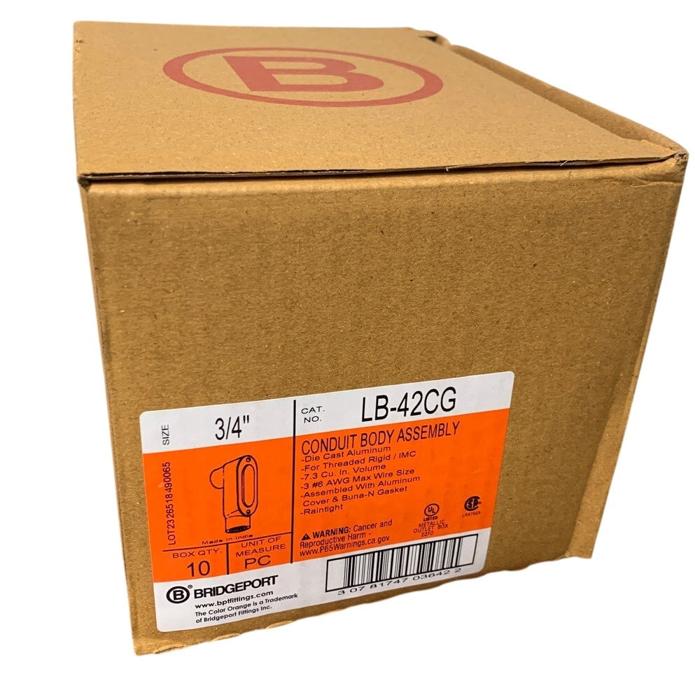 10 New In Box Bridgeport LB-42CG 3/4" LB Conduit Bodies Covers Neoprene Gaskets