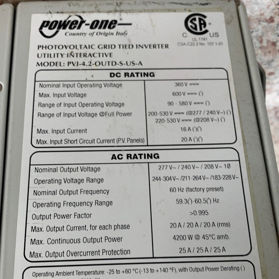 Power One Aurora Solar Photovoltaic Grid Tied 240V Inverter PVI-4.2-OUTD-S-US-A