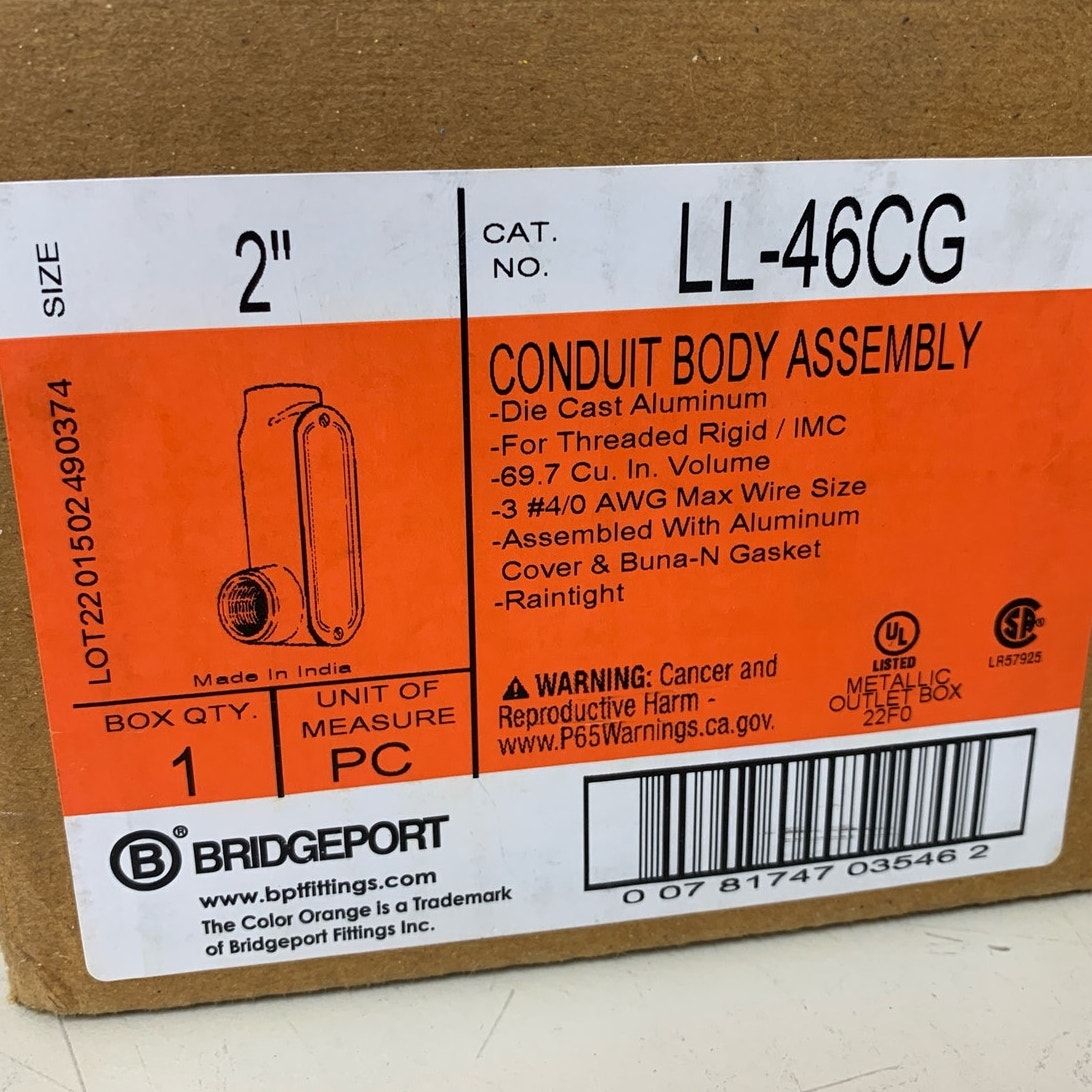 New Bridgeport LL-46CG 2" Die Cast Aluminum Conduit Body With Cover & Gasket