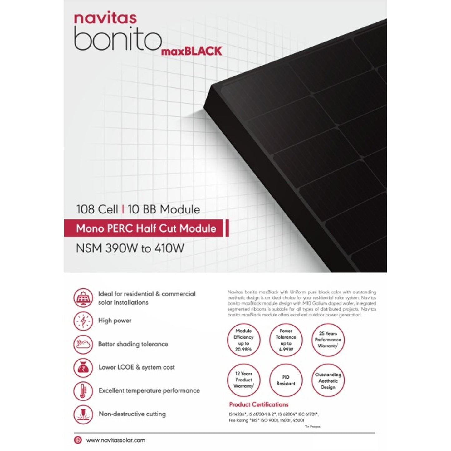 20 New Navitas 410W Bonito Max Mono PERC Half Cut Module 108 Cell Solar Panels