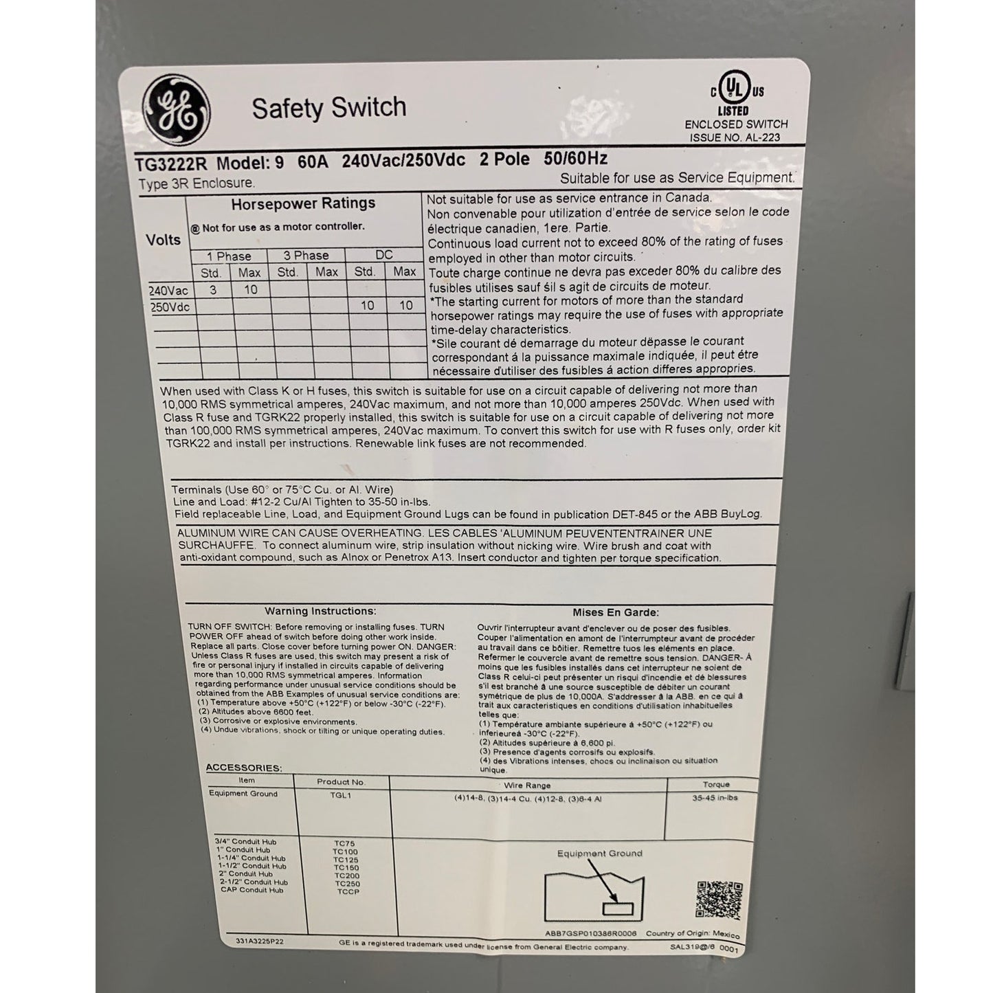 GE TGN3222R General Duty Safety Switch 60A Fusible 2 Pole 240VAC / 250VDC