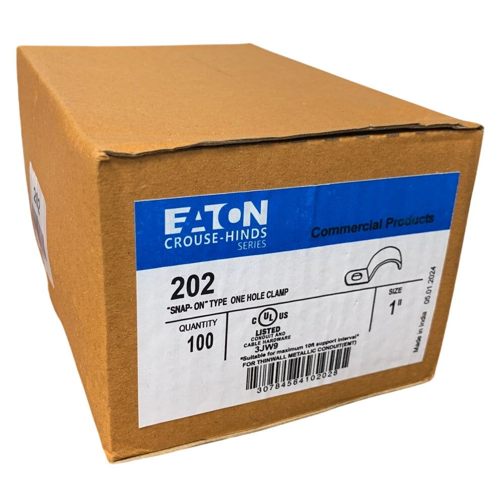 Box of 100 New Eaton 202 1" Metal Snap On Type Pipe Strap One Hole EMT Clamps