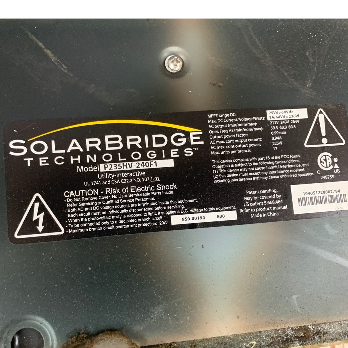 SolarBridge Technologies P235HV 225W Solar Panel Microinverter - Fair Condition