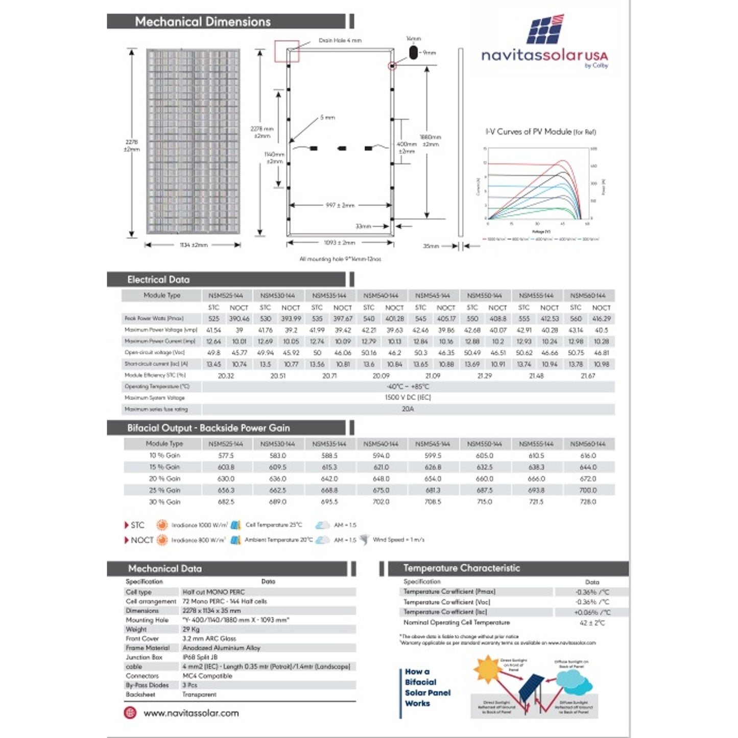 New Navitas 550W Bifacial Mono PERC Half Cut Module 144 Cell Solar Panel