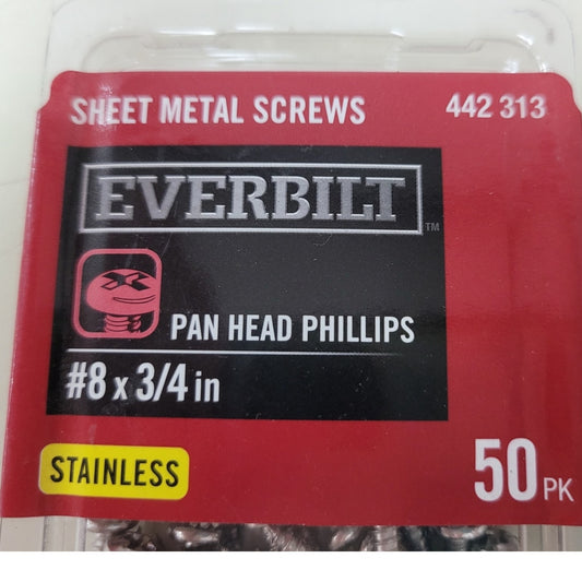 50 New Everbilt #8 Pan Head Phillips 3/4" Stainless Steel Sheet Metal Screws