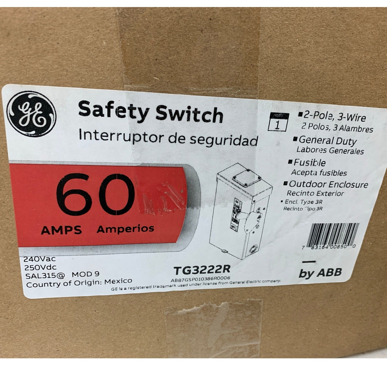 GE TGN3222R General Duty Safety Switch 60A Fusible 2 Pole 240VAC / 250VDC