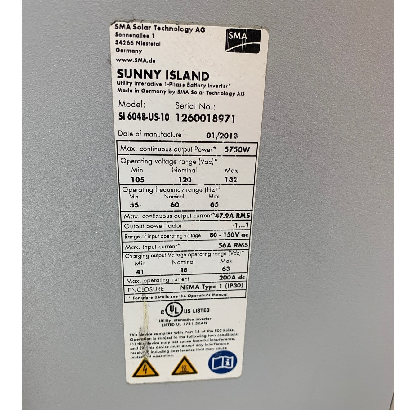 SMA Sunny Island Utility Interactive One Phase Battery 5KW Inverter SI 6048-US10