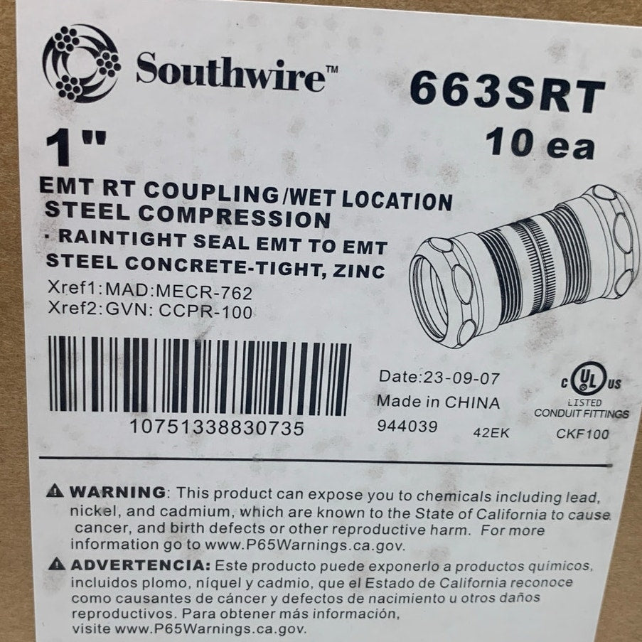 10 New Southwire 1" EMT RT Couplings Wet Location Steel Compression 663SRT