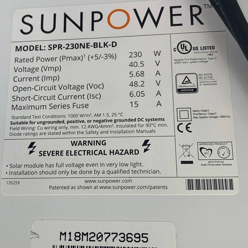 New Sunpower SPR-230NE-BLK-D 230W Black on Black Residential Solar Panel Module