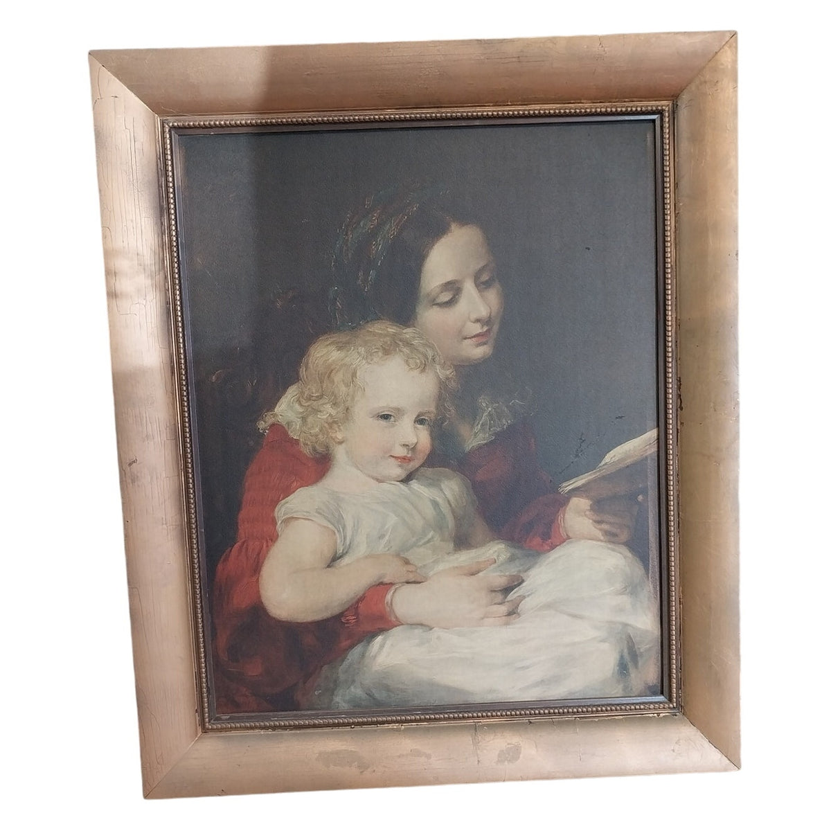 Vintage Wood-Framed "Mother and Baby" Art Print (36" × 30")