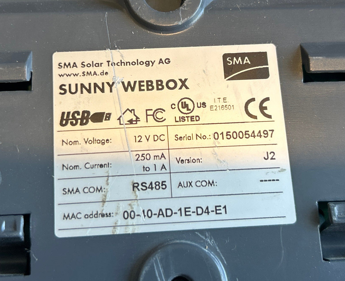 SMA Sunny WebBox Solar Data Logger | RS485 | w/ Power Adapter & SD Card