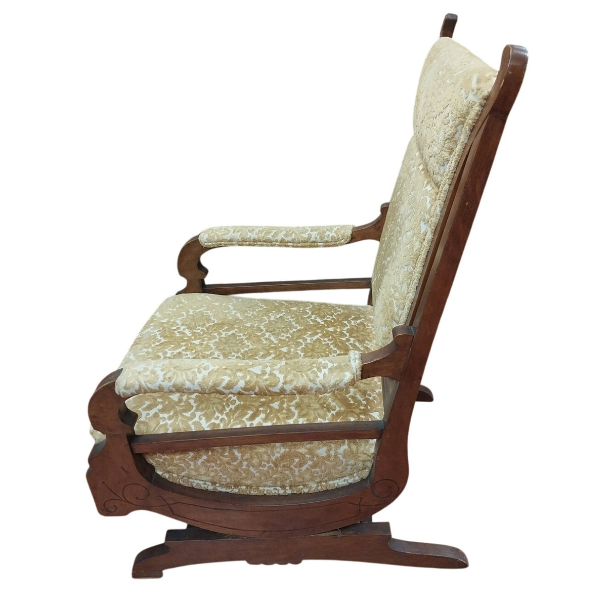 Vintage Gold Floral Print Fabric & Wood Glider / Rocking Chair