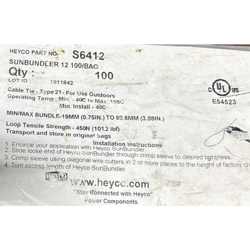 New 100ct Heyco S6412 Sunbundler 12 Black 12" Cable Ties Solar Panel Supplies