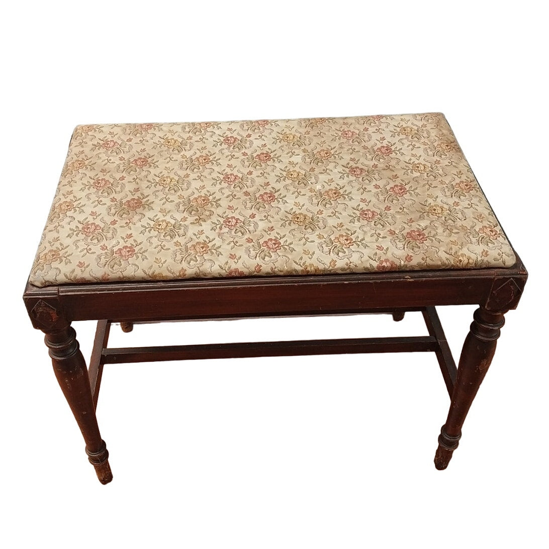 Vintage Floral Pink Rose Fabric Small Wooden Spindle Leg Bench