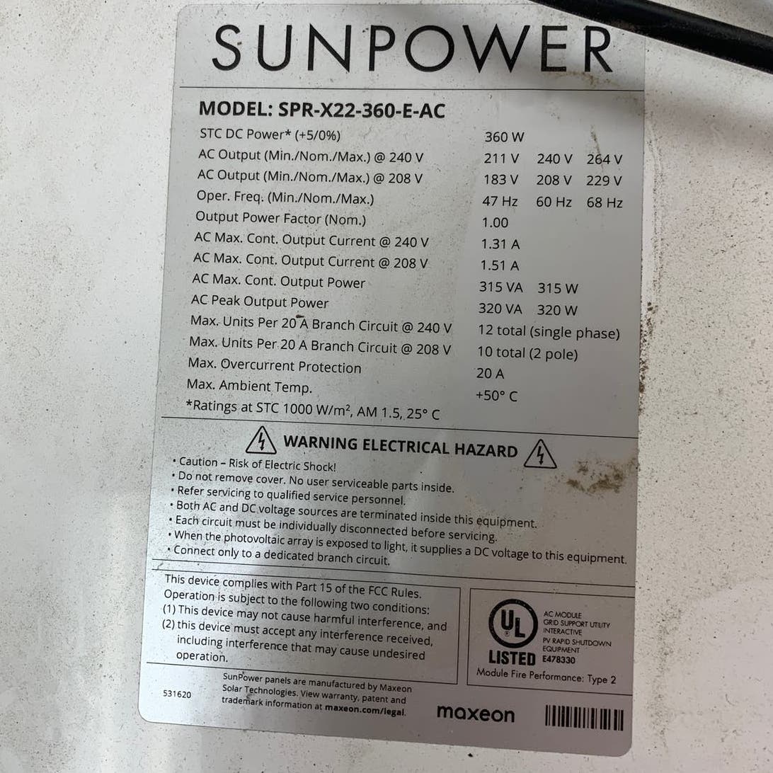 New SunPower X22-360W Residential AC Solar Panel Module w Factory Microinverter