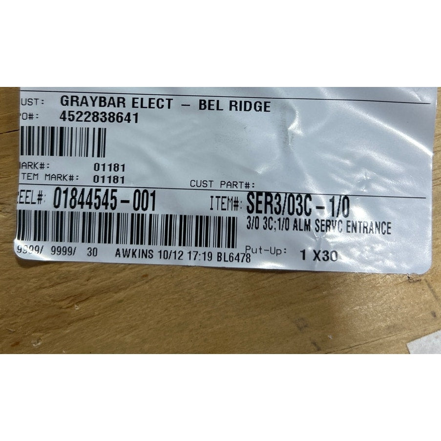 New 30' Stranded Aluminum 3/0-3C 1/0 Service Entrance Wire on Original Spool