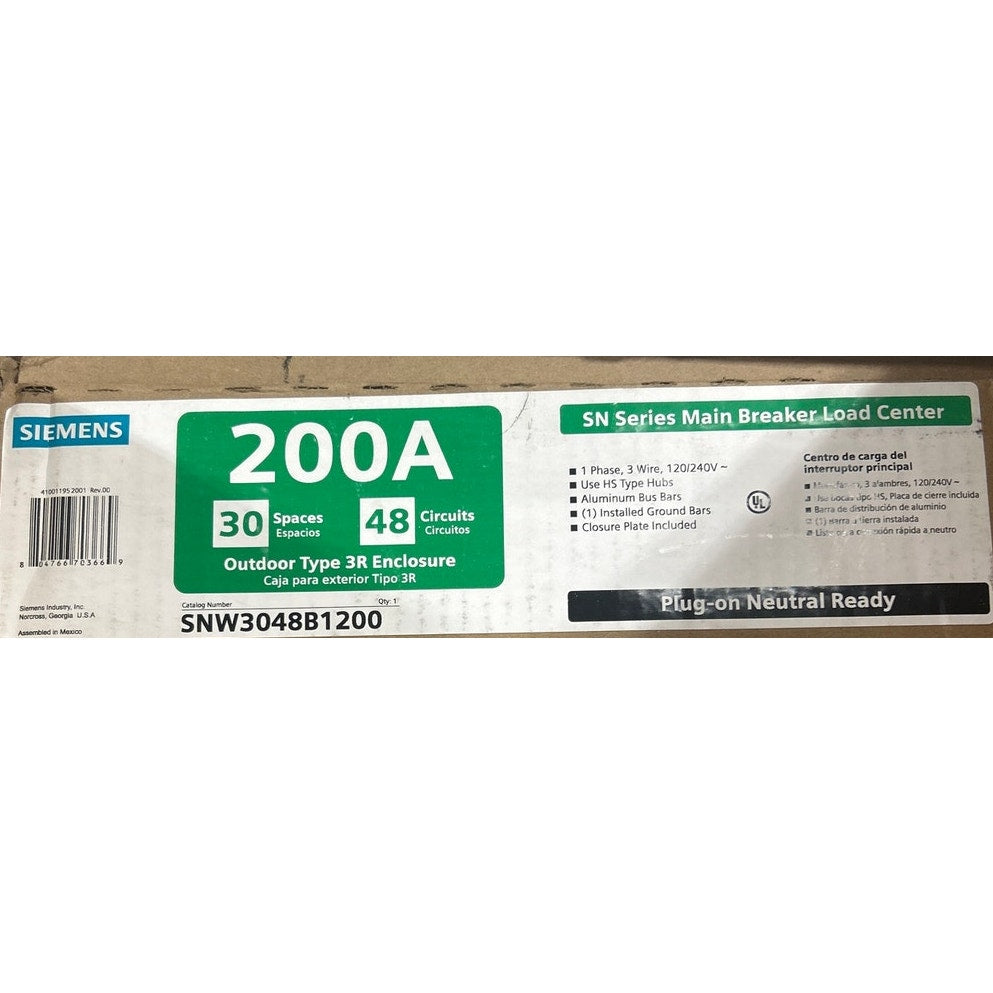 New Siemens 200A 30 Space 48 Circuit Main Breaker Outdoor 3R Electric Load Panel