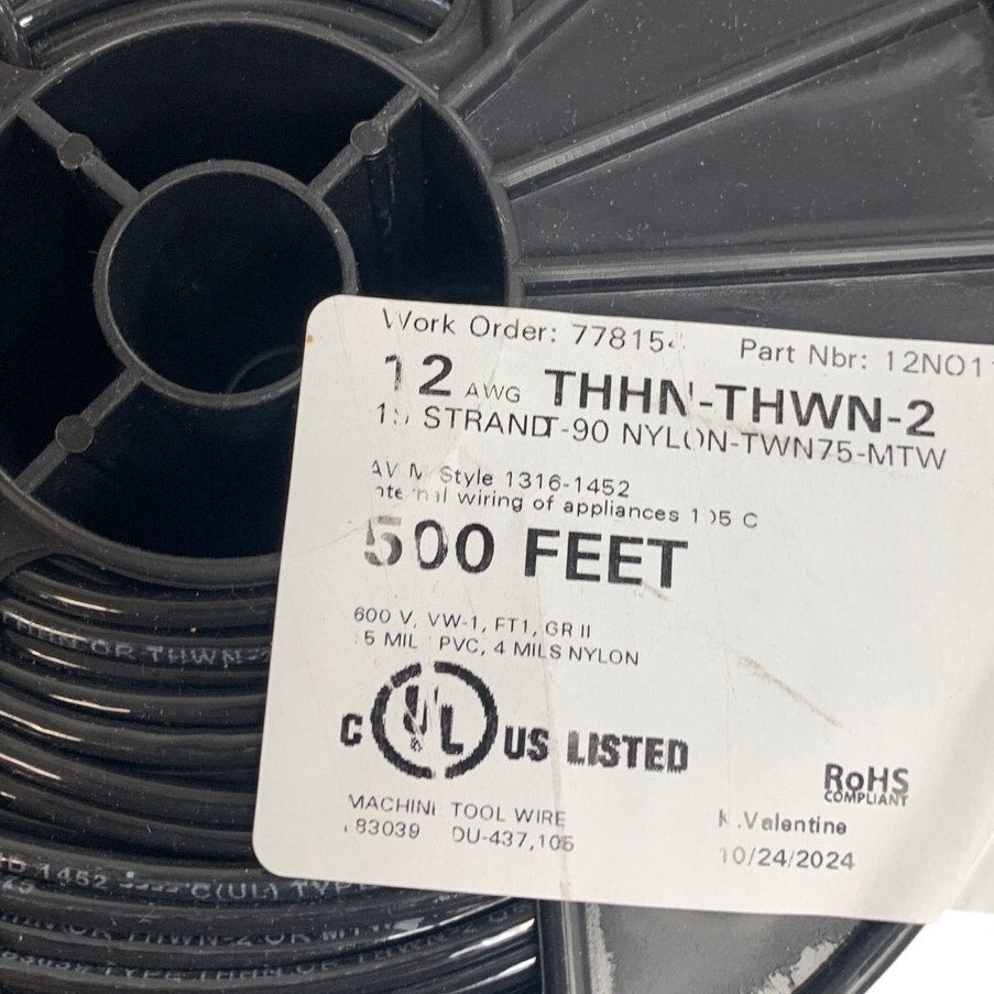 New 500’ 12 AWG THHN THWN RoHS Stranded 600V Copper Wire Spool