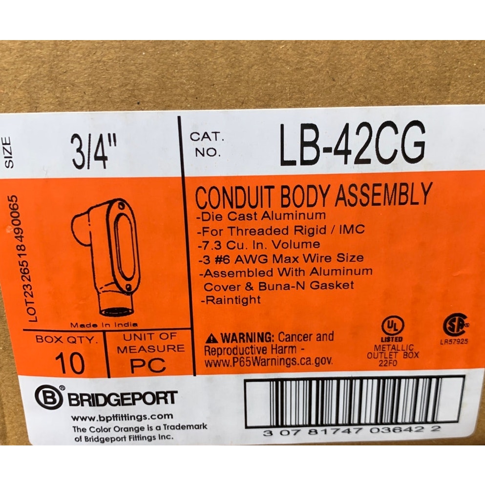 10 New In Box Bridgeport LB-42CG 3/4" LB Conduit Bodies Covers Neoprene Gaskets