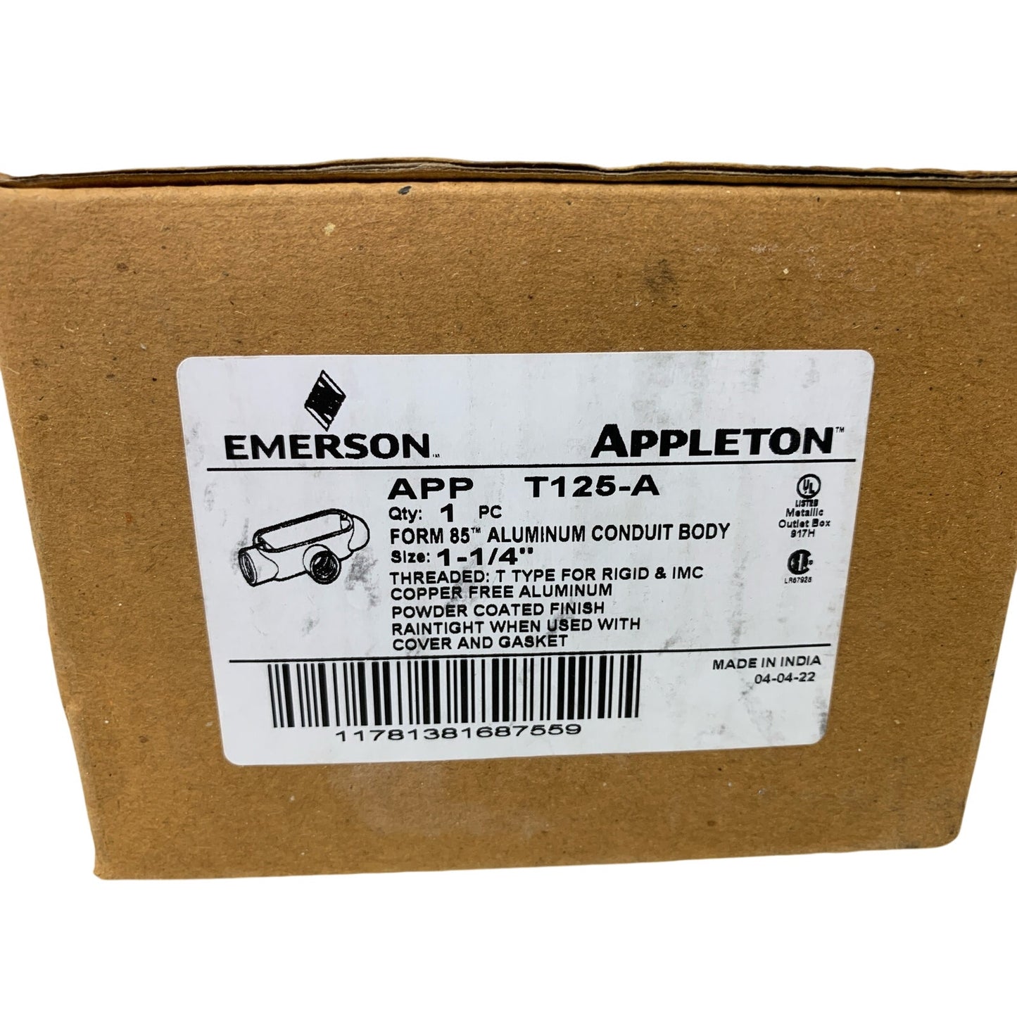 New In Box Emerson T125-A Form 85 1.25" Aluminum T Conduit Body
