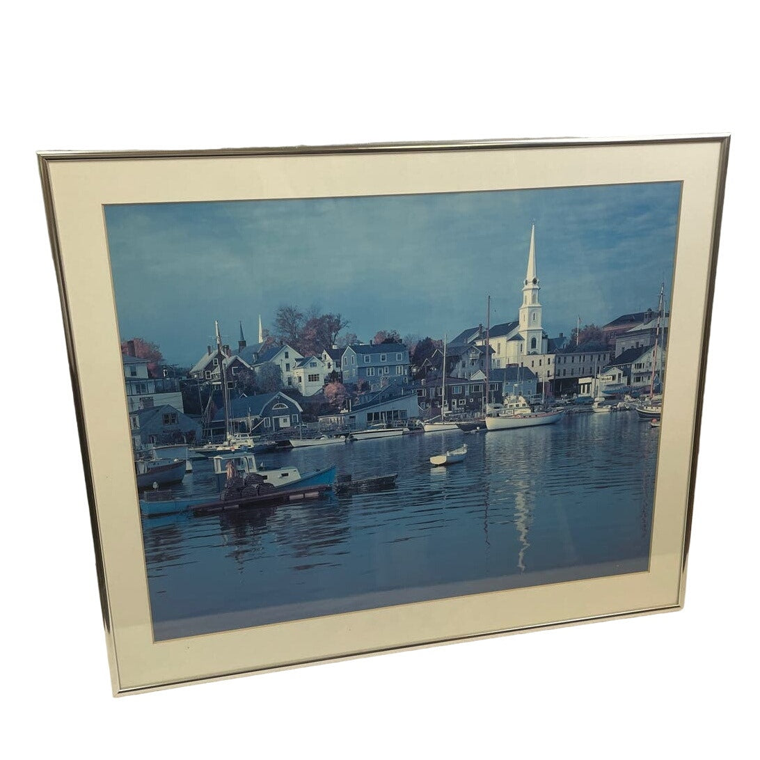 Vintage Framed Church Steeple & Boats Harbor Photograph Art (22" × 19")