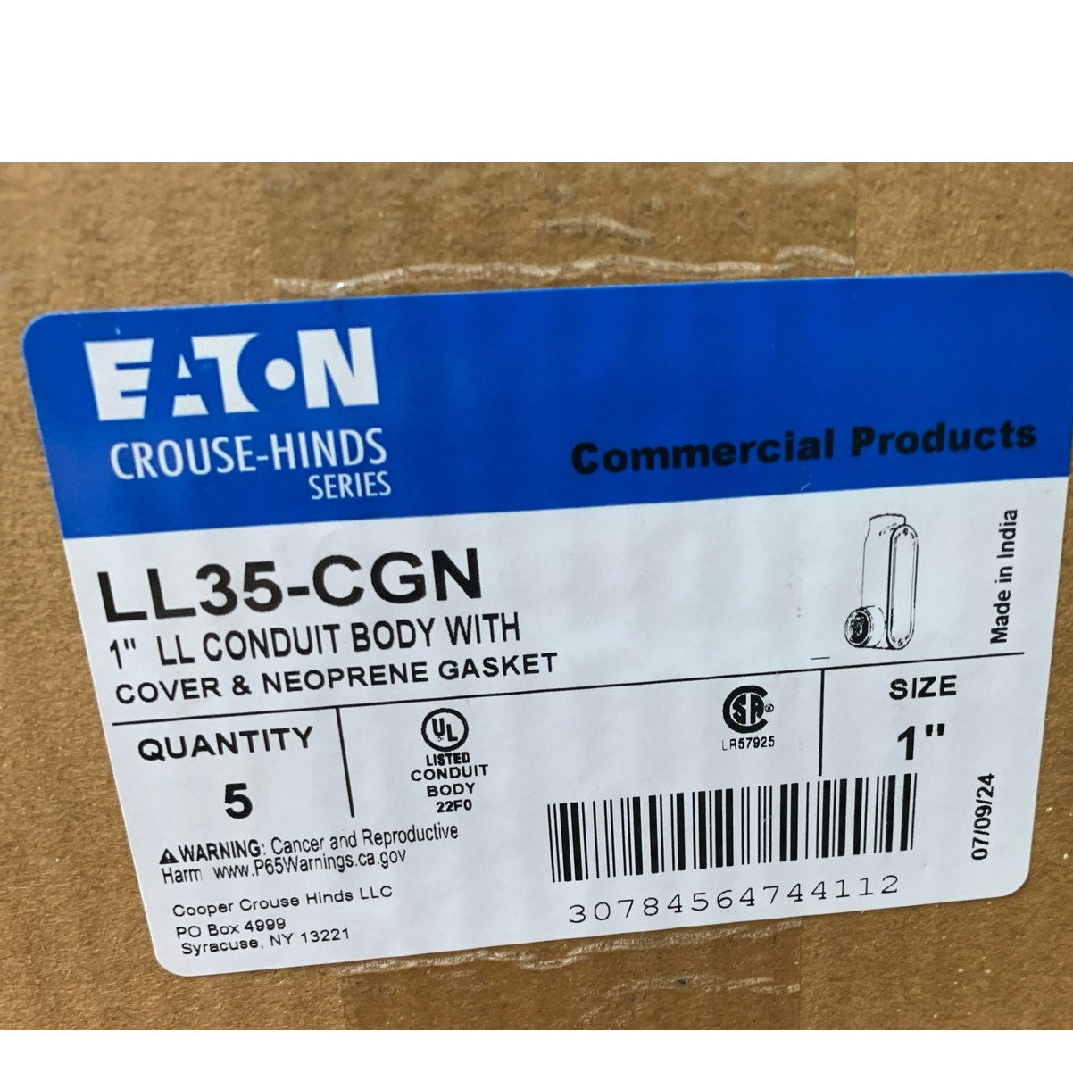 5 New In Box Eaton LL35-CGN 1" LL Conduit Bodies w Covers & Neoprene Gaskets