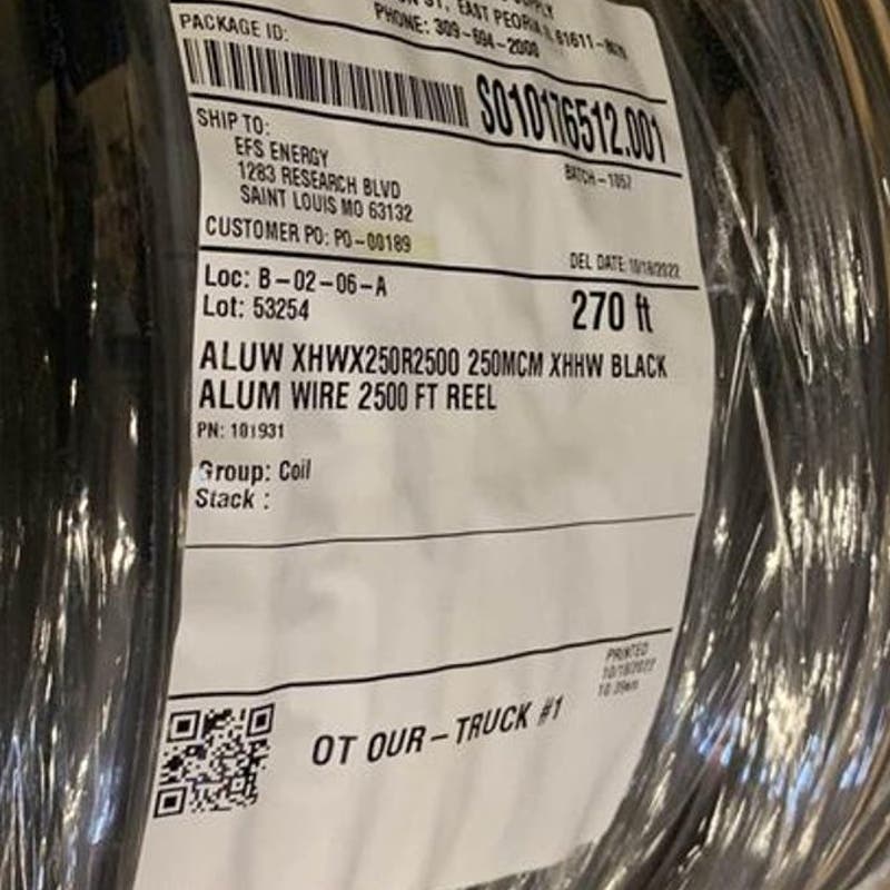 New Wooden Spool of 270 Feet Black 250 MCM Aluminum Electrical Wire