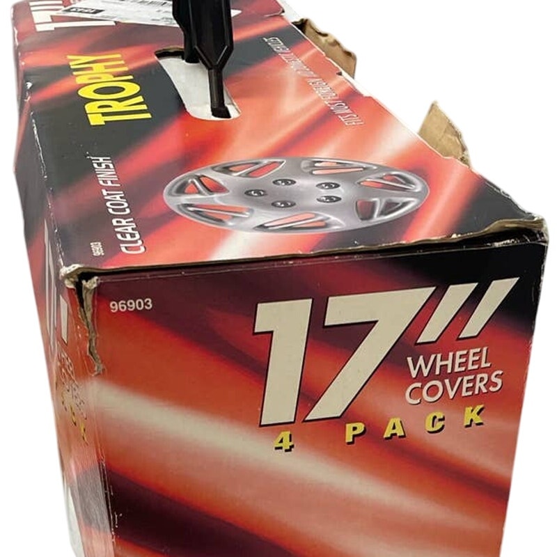 New NIB Four Trophy 17" Clear Coat Finish Silver Snap On Wheel Covers 96903