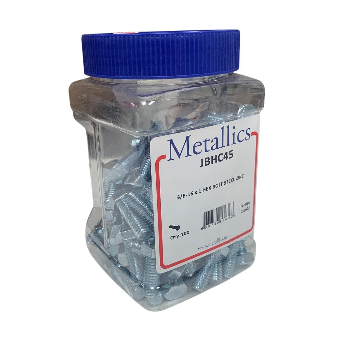 New 100 Metallics JBHC45 3/8-16 X 1 Hex Bolt Steel Zinc Sealed Plastic Jar