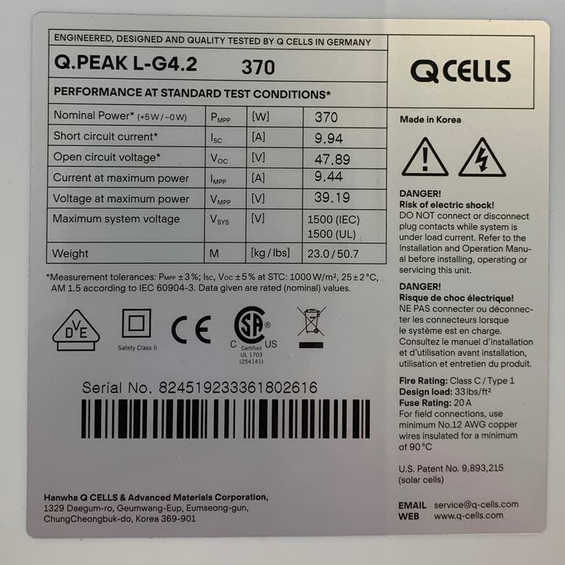 New Hanwha Q Cells Q.PEAK L-G4.2 370W Black Solar Panel Module