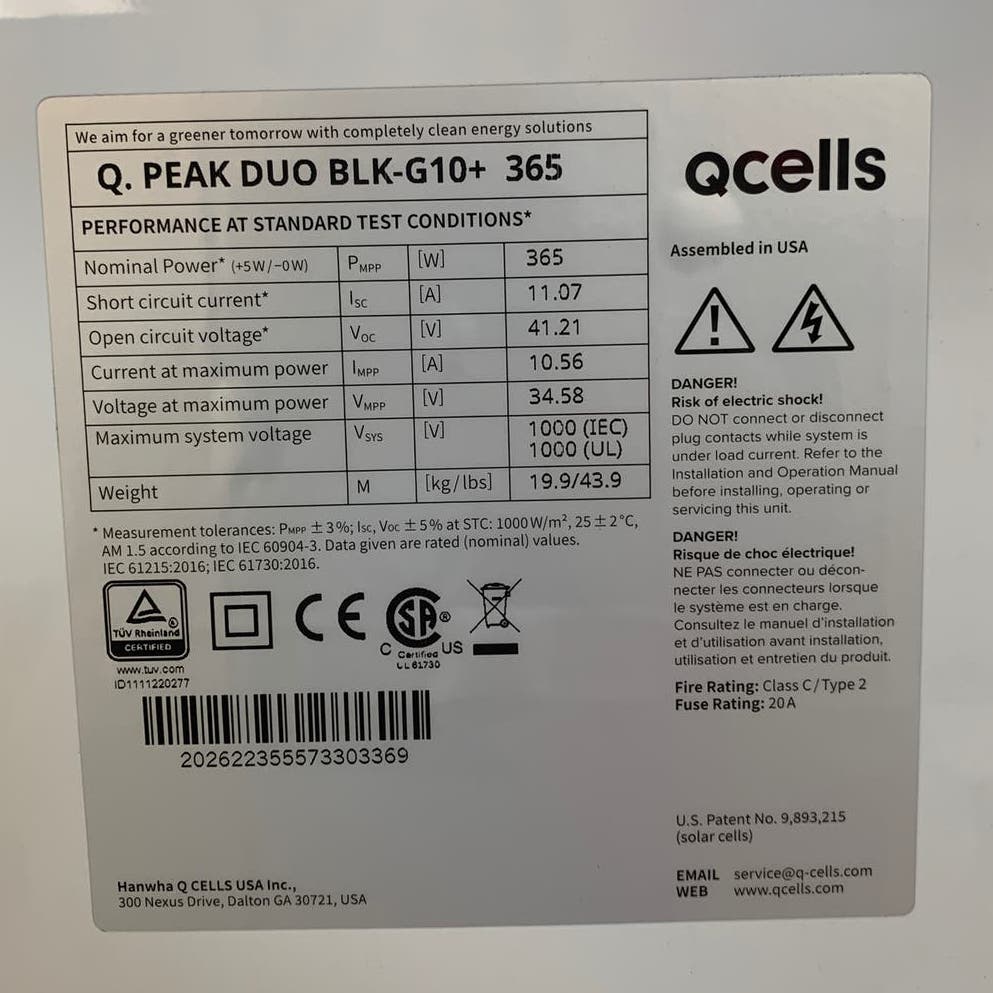 New Hanwha Q CELLS Q.PEAK-DUO BLK-G10+ 365W Silver Frame Solar Panel