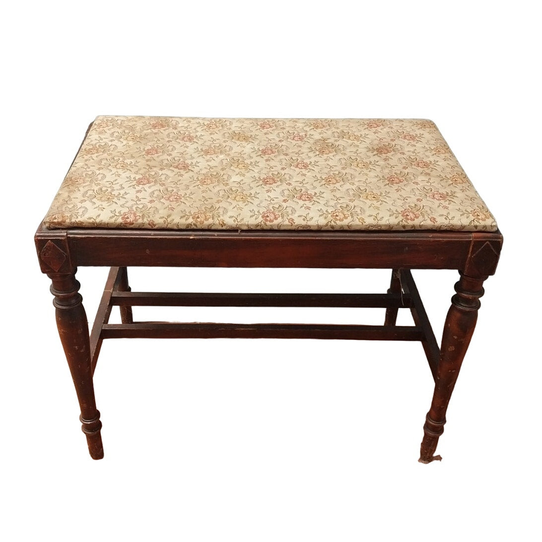 Vintage Floral Pink Rose Fabric Small Wooden Spindle Leg Bench