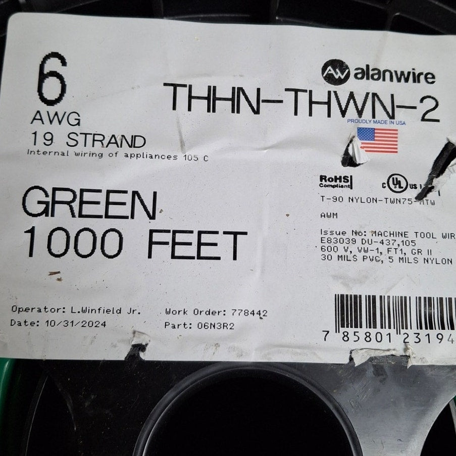New 1000’ 6 AWG THHN THWN RoHS Stranded 600V Copper Wire Spool in Green