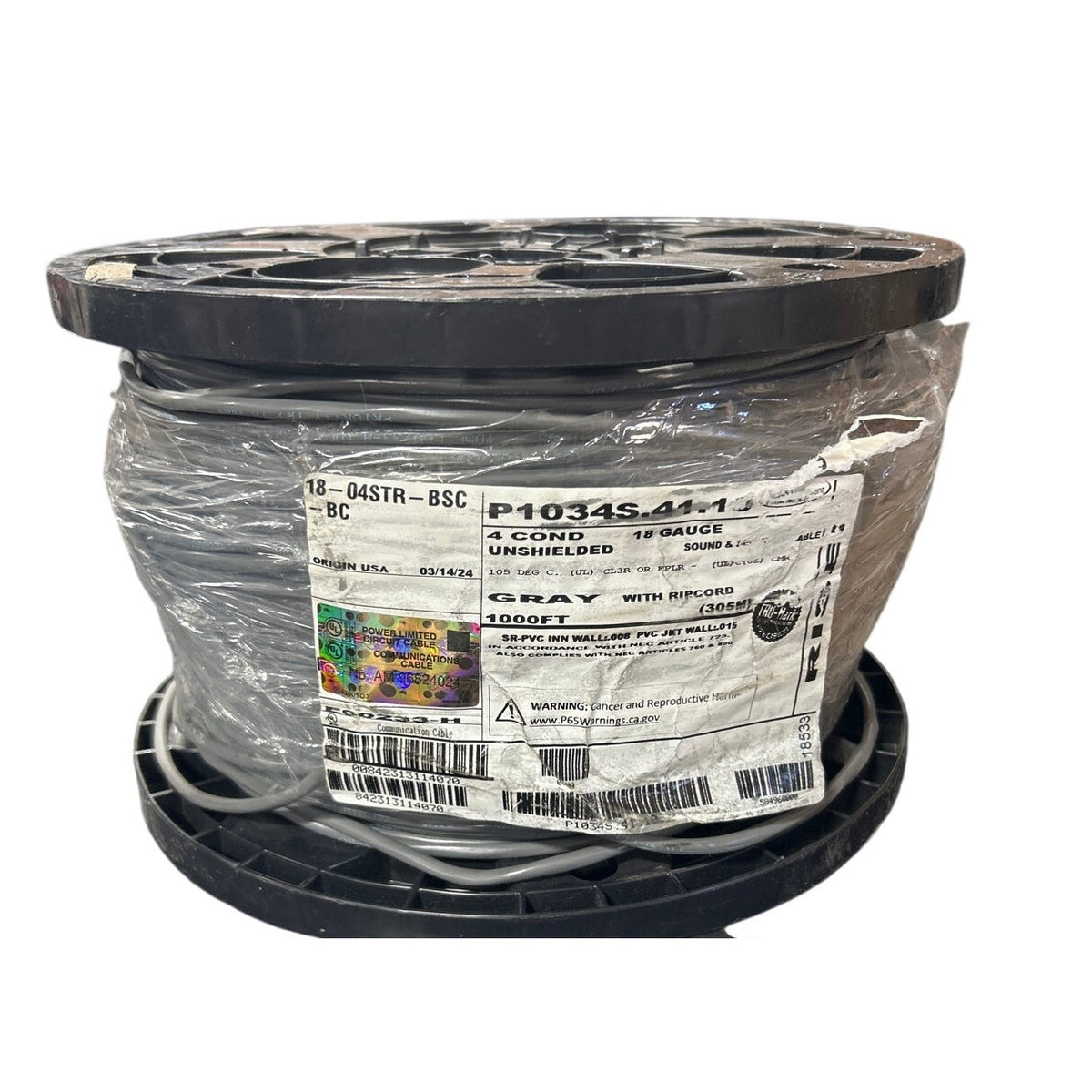 18/4 Stranded Sound & Security Cable, Gray, 1000-ft Labeled Reel, NOS