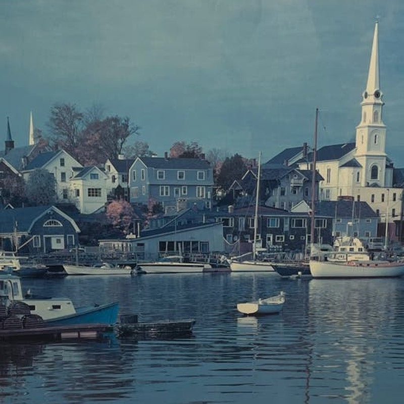 Vintage Framed Church Steeple & Boats Harbor Photograph Art (22" × 19")