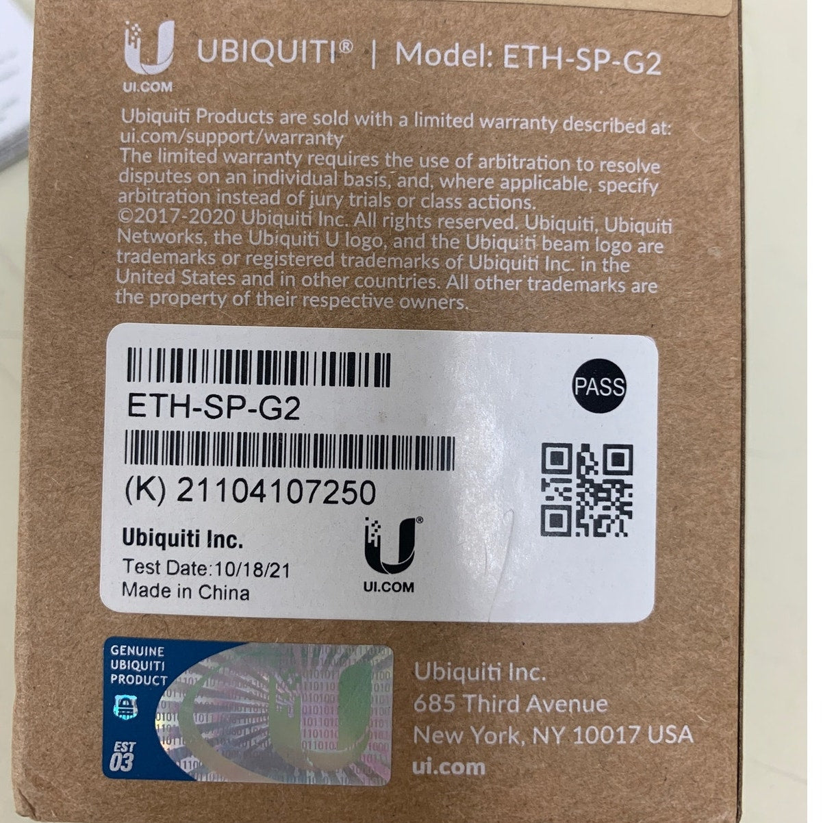 New Ubiquiti Model ETH-SP-G2 Ethernet Surge Protector In Original Box