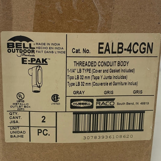 2 New Bell Outdoor E-PAK EALB-4CGN 1.25" Threaded Conduit Body Cover & Gasket