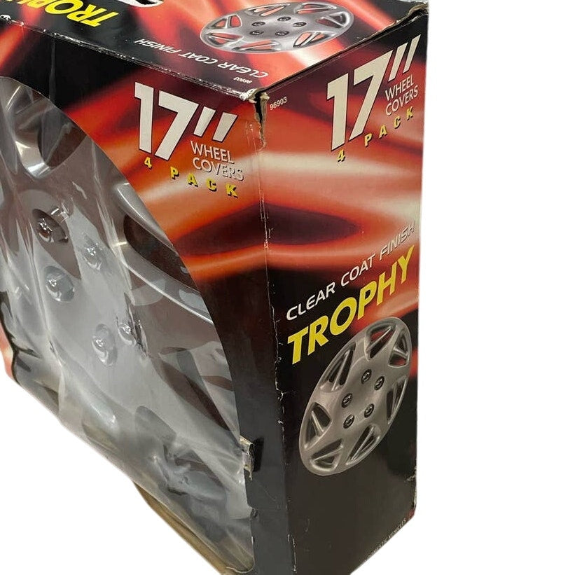 New NIB Four Trophy 17" Clear Coat Finish Silver Snap On Wheel Covers 96903