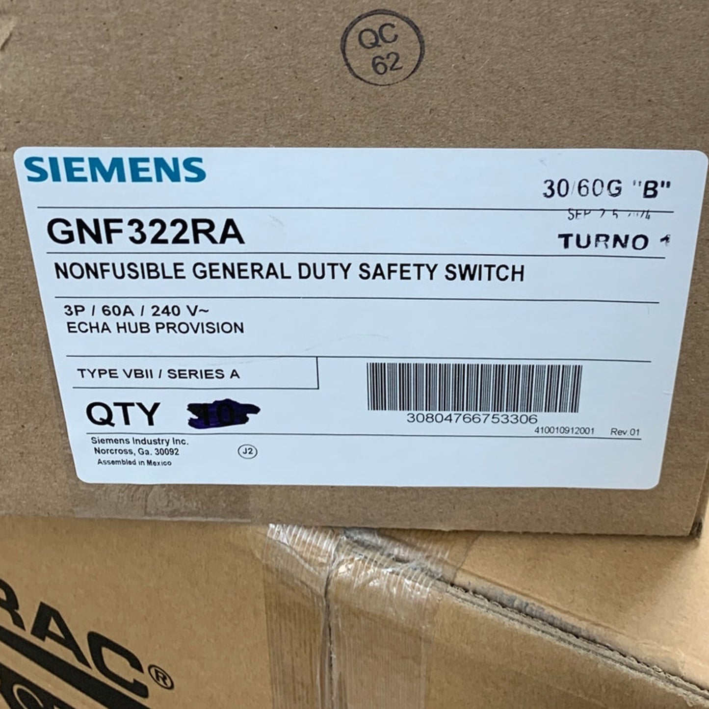 New Open Box Siemens GNF322RA 60A Non Fusible General Duty Safety Switch