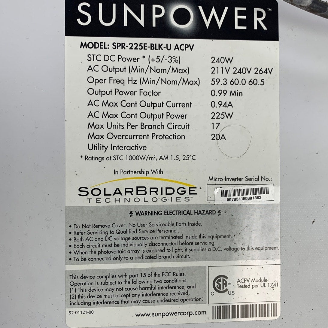 Used Sunpower SPR-225E-BLK-U-ACPV 240W Black Squares Solar Panel Module