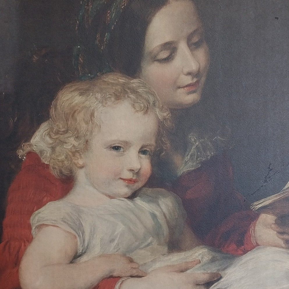 Vintage Wood-Framed "Mother and Baby" Art Print (36" × 30")