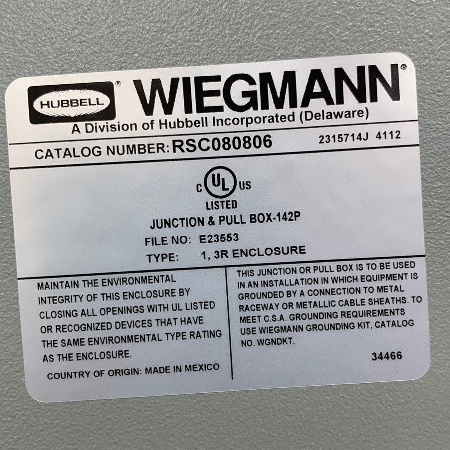 New Hubbell Wiegmann RSC080806 Metal Junction & Pull Box 1,3R Enclosure