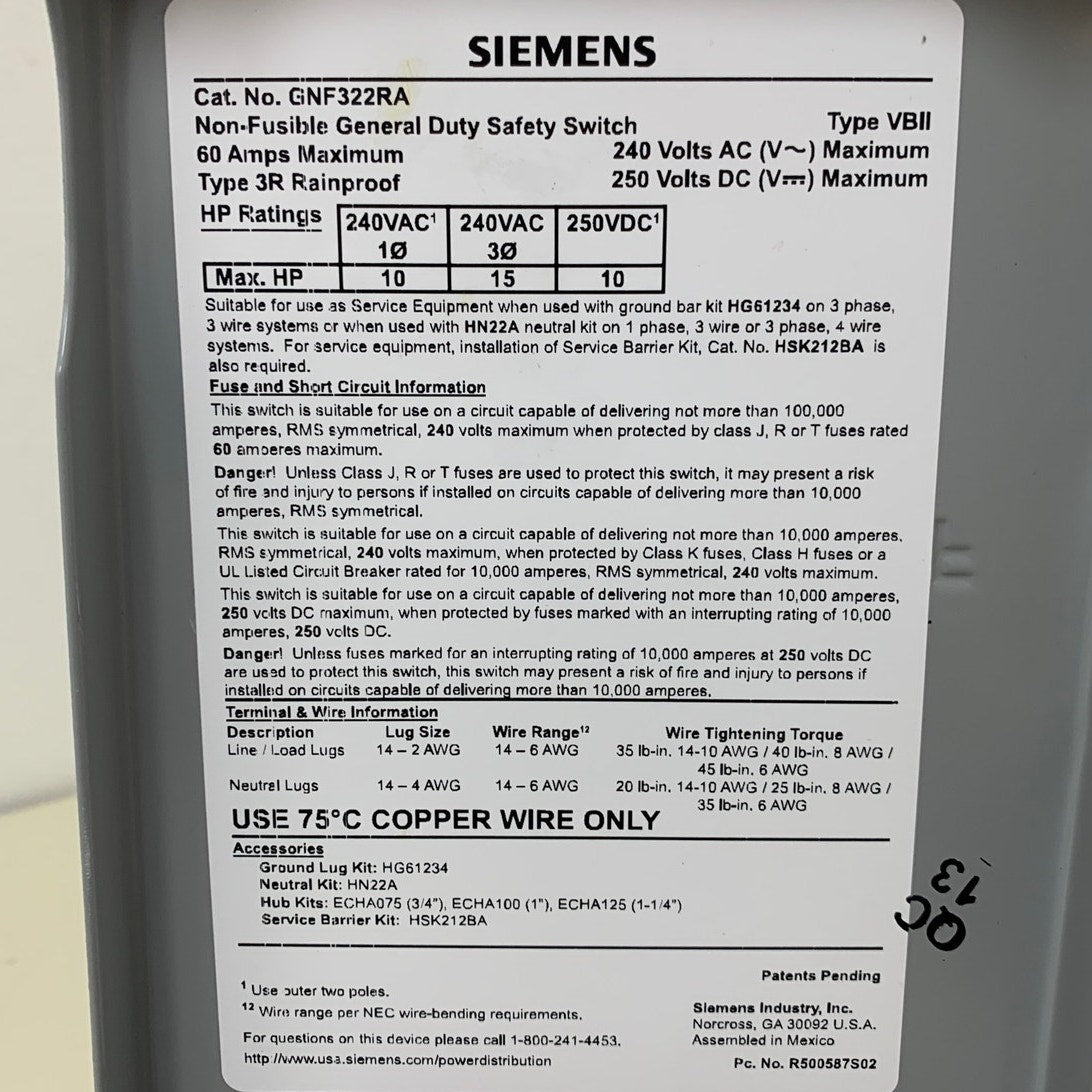 New Siemens General Duty Enclosed Switch 60A 240VAC Metal Box Safety Switch