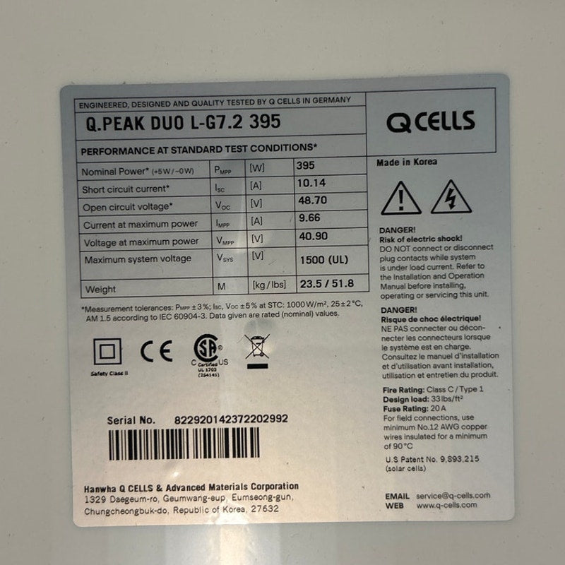 New QCELL Q.PEAK Duo 395W  BLK ML-G10.A+ DUO BOB 132HC 12BB Solar Panel Module