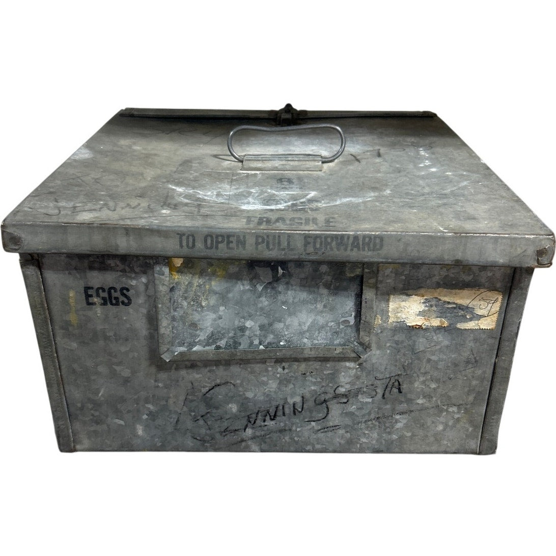 Vintage Industrial Galvanized Steel "EGGS" Wire Handle Delivery Crate