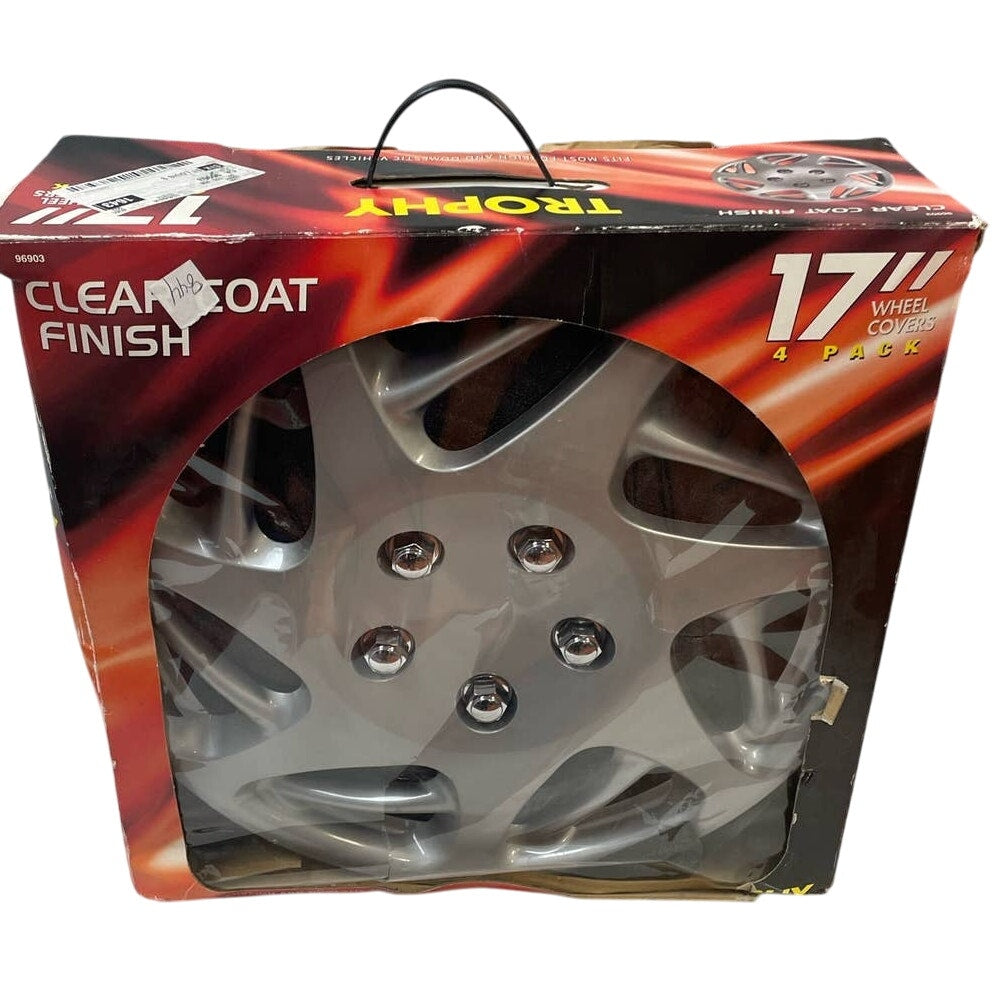 New NIB Four Trophy 17" Clear Coat Finish Silver Snap On Wheel Covers 96903
