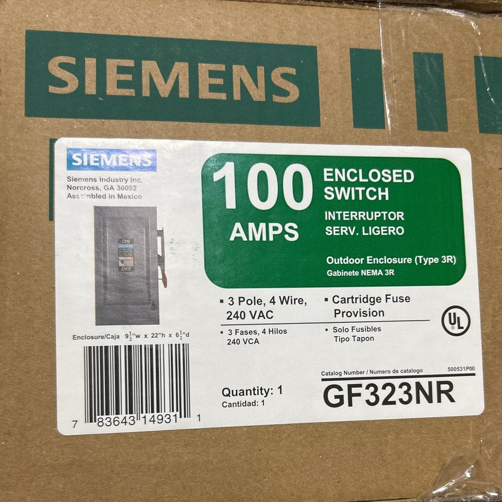 New In Box Siemens General Duty 100A 3 Pole 240V Outdoor Fusible Safety Switch