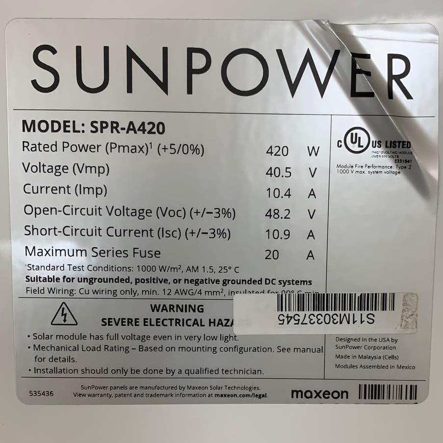 New SunPower SPR-A420 420W Residential A-Series White Square Solar Panel