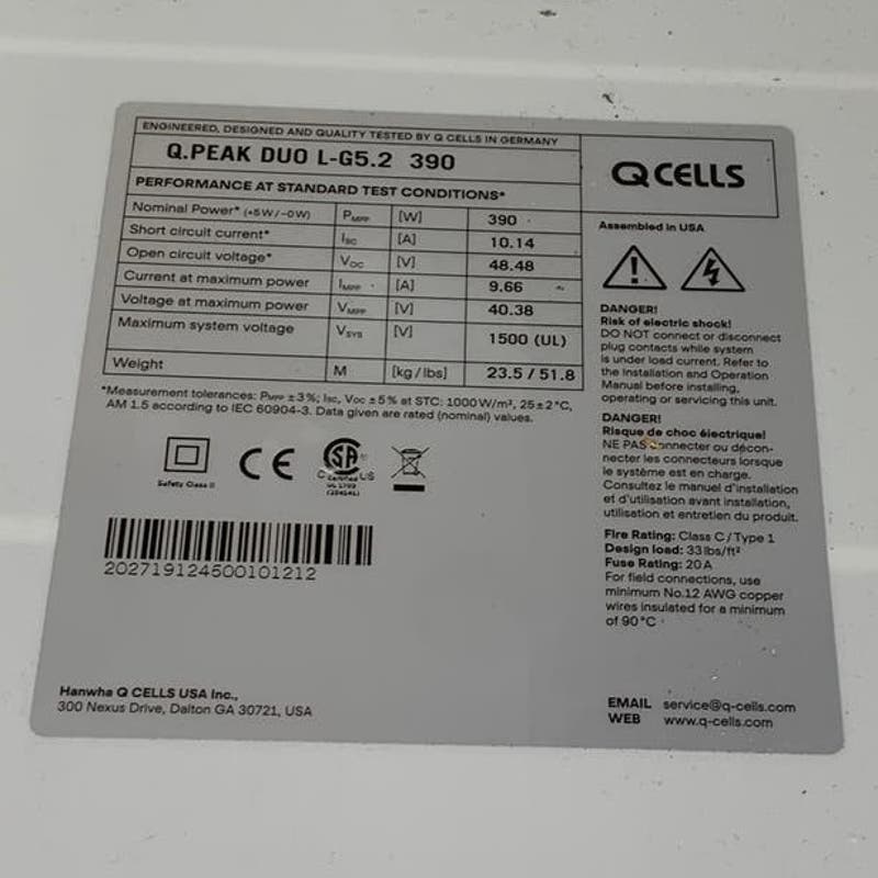 New Hanwha Q Cells Q.PEAK DUO L-G5.2 390W Black Silver Solar Panel Module